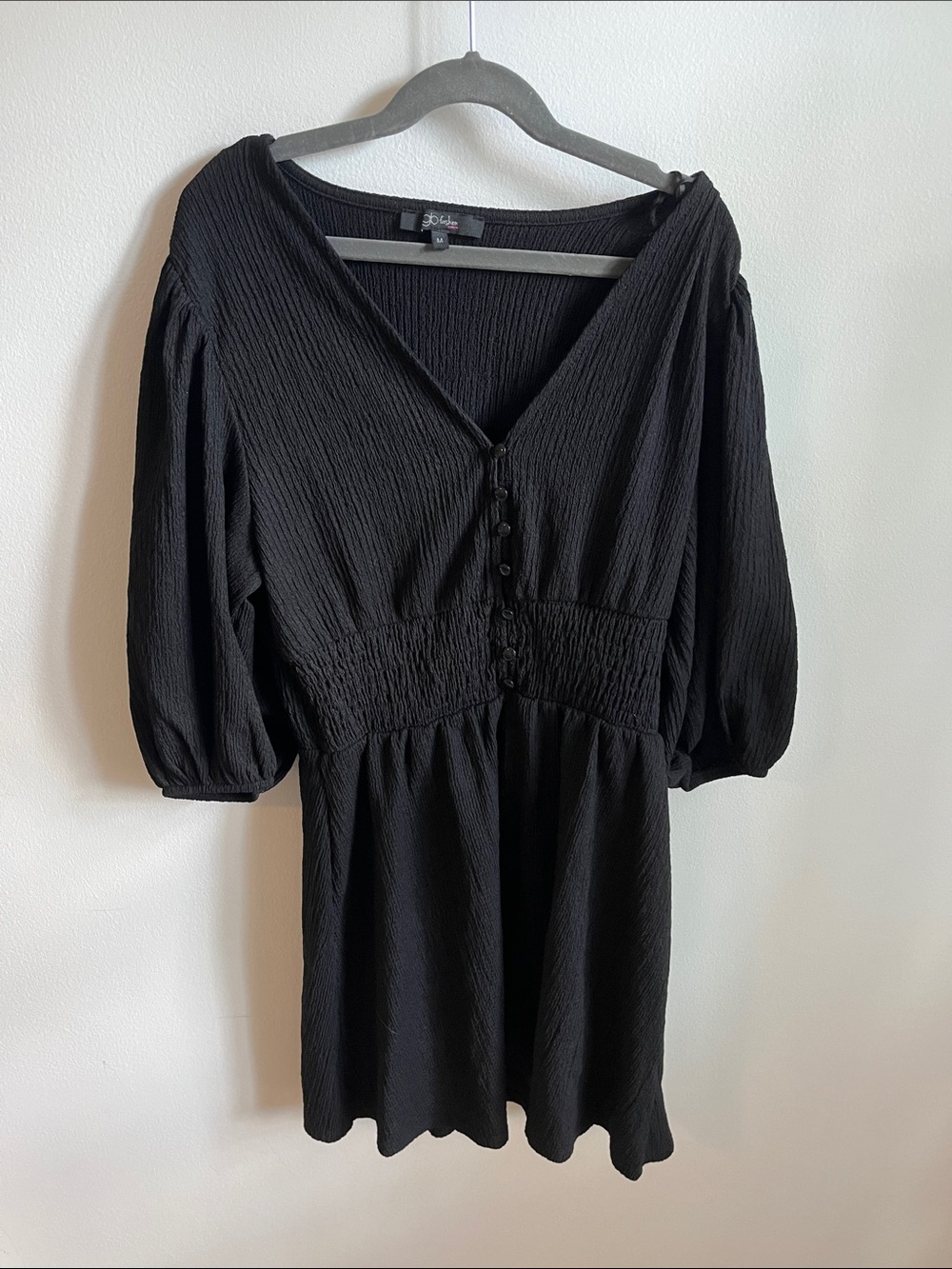 Black Long Sleeve V-Neck Smocked Waist Dress - Women